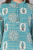Printed Cotton Kurta for Women, Turquoise Blue