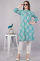 Printed Cotton Kurta for Women, Turquoise Blue
