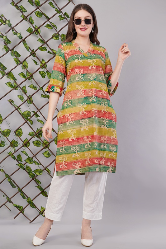 Printed Cotton Kurta for Women, Multi-Coloured