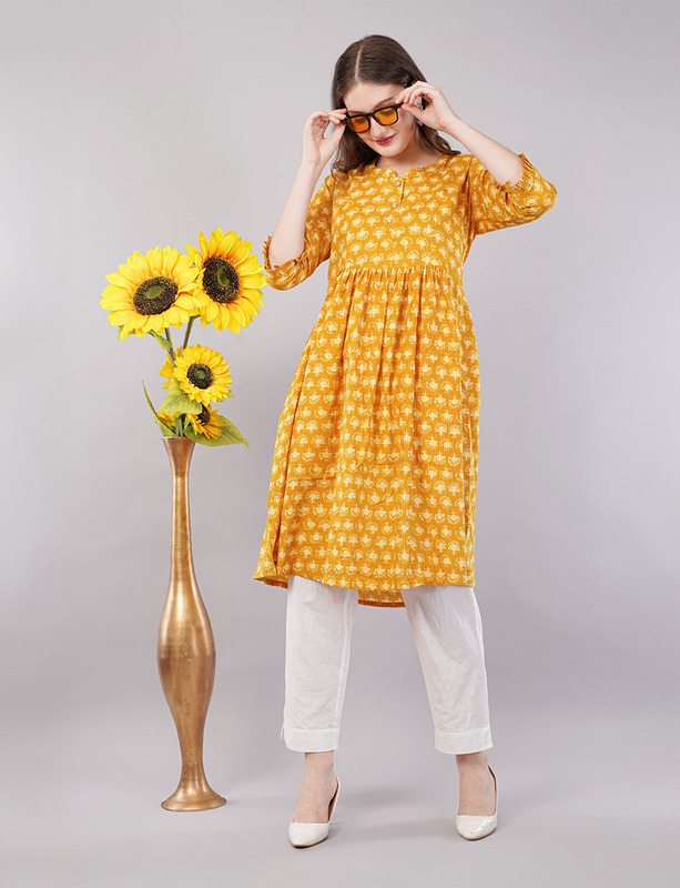 Anarkali Printed Yellow Cotton Kurta / kurti for Women, Knee Length