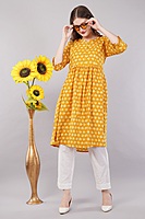 Anarkali Printed Yellow Cotton Kurta / kurti for Women, Knee Length