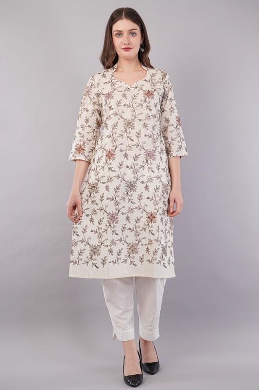 Cotton Embroidered Kurta for Women, Floral Design Cotton Embroidered Kurta for Women, Floral Design