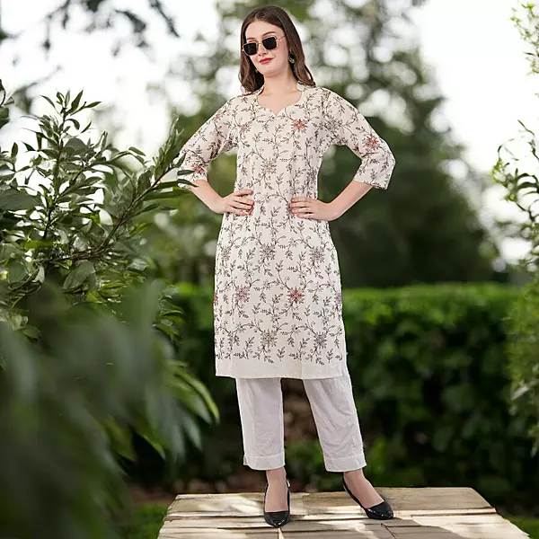 Cotton Embroidered Kurta for Women, Floral Design