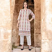 Printed Cotton Chikankari Kurta for Women, Floral Design, 3/4 Sleeves