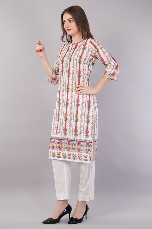 Printed Cotton Chikankari Kurta for Women, Floral Design, 3/4 Sleeves