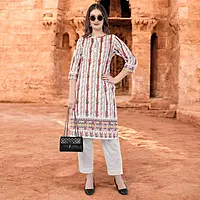 Printed Cotton Chikankari Kurta for Women, Floral Design, 3/4 Sleeves