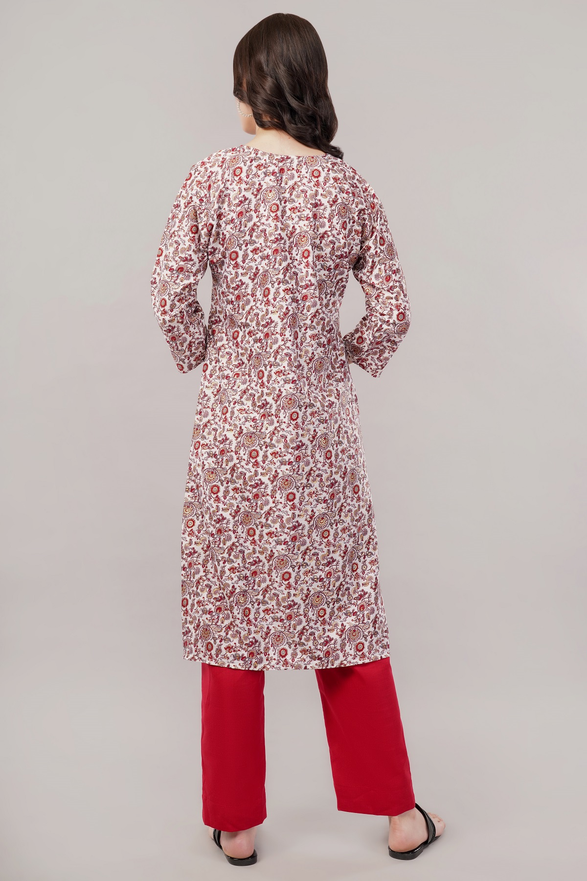 Cotton Floral Print Kurta, 3/4 Sleeves, White and Red Paisley Pattern