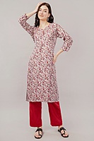 Cotton Floral Print Kurta, 3/4 Sleeves, White and Red Paisley Pattern