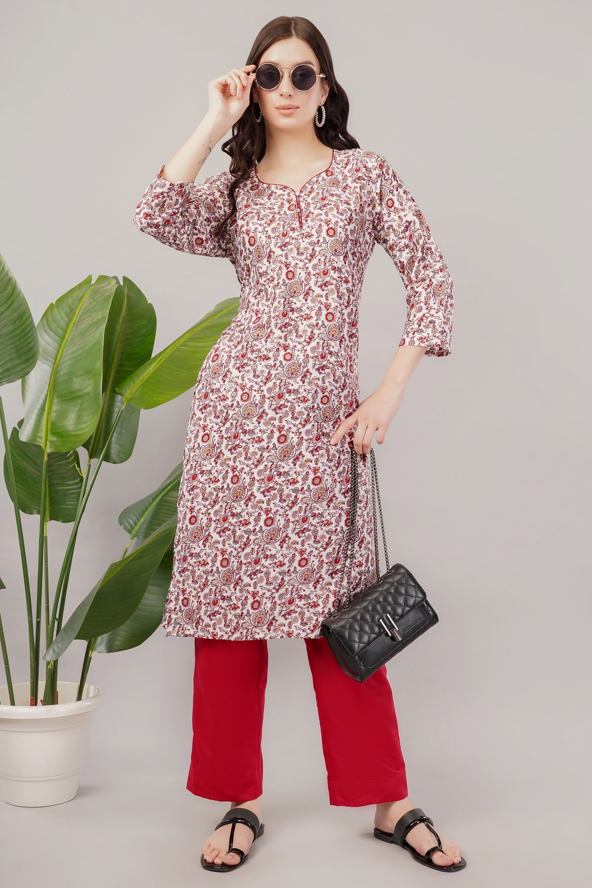 Cotton Floral Print Kurta, 3/4 Sleeves, White and Red Paisley Pattern