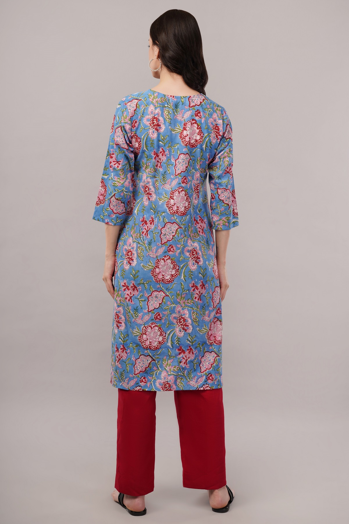 Cotton Floral Kurta, 3/4 Sleeve, Blue with Pink Flowers