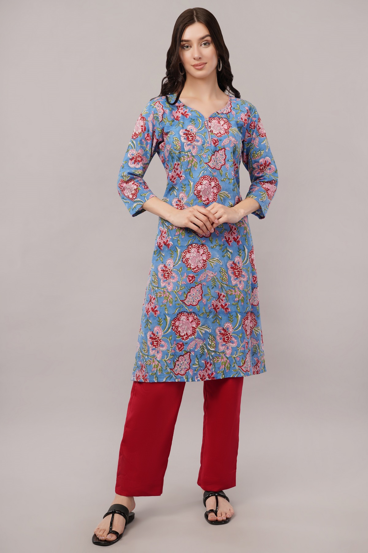 Cotton Floral Kurta, 3/4 Sleeve, Blue with Pink Flowers
