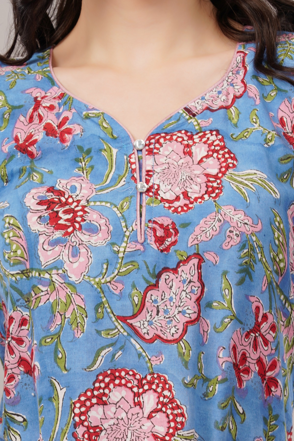 Cotton Floral Kurta, 3/4 Sleeve, Blue with Pink Flowers