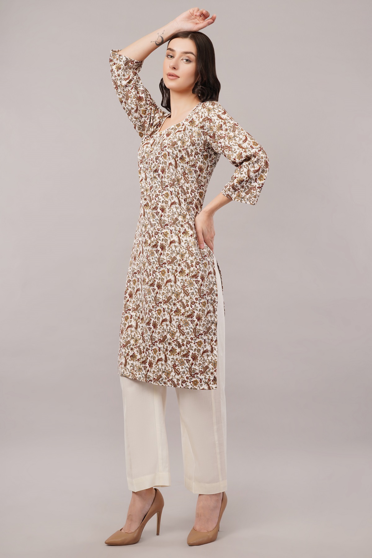 Floral Paisley Print Cotton Kurta, 3/4 Sleeve, Brown and White