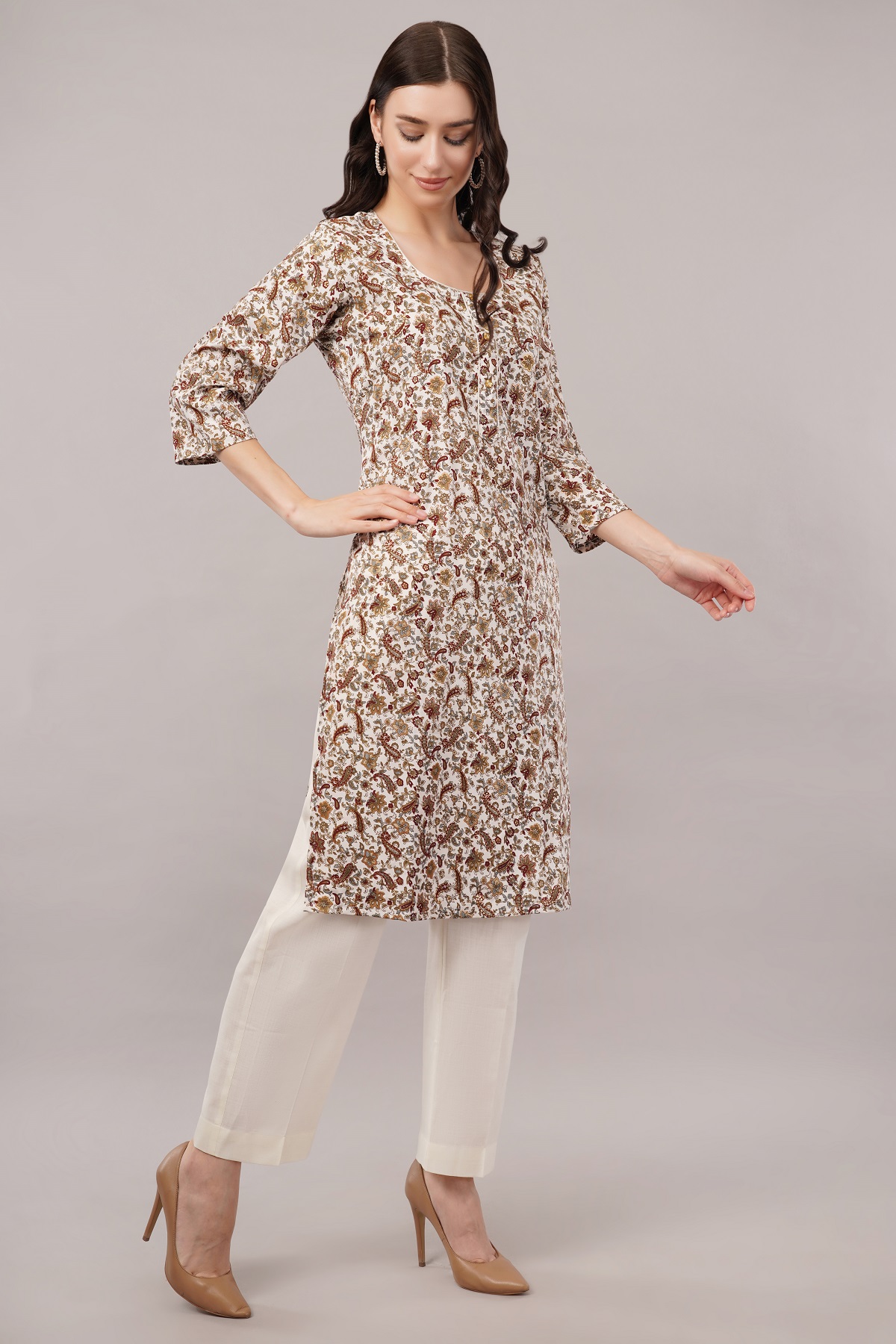 Floral Paisley Print Cotton Kurta, 3/4 Sleeve, Brown and White