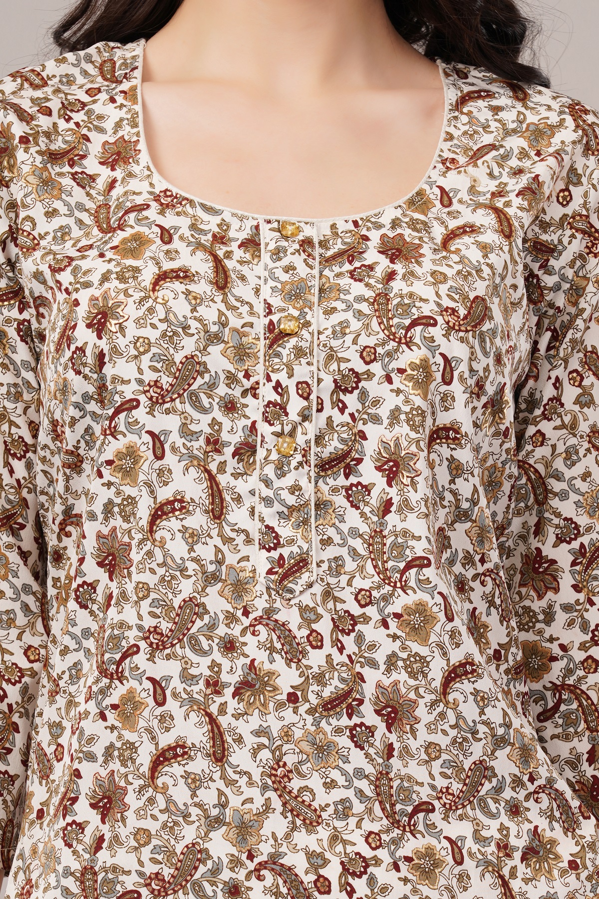 Floral Paisley Print Cotton Kurta, 3/4 Sleeve, Brown and White