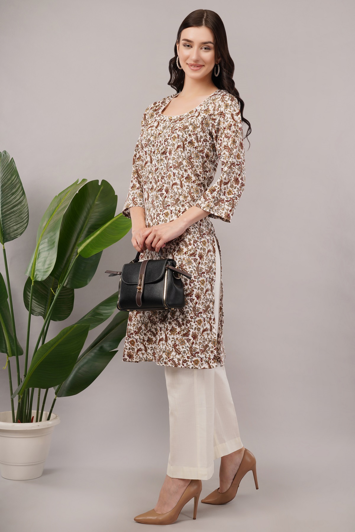 Floral Paisley Print Cotton Kurta, 3/4 Sleeve, Brown and White
