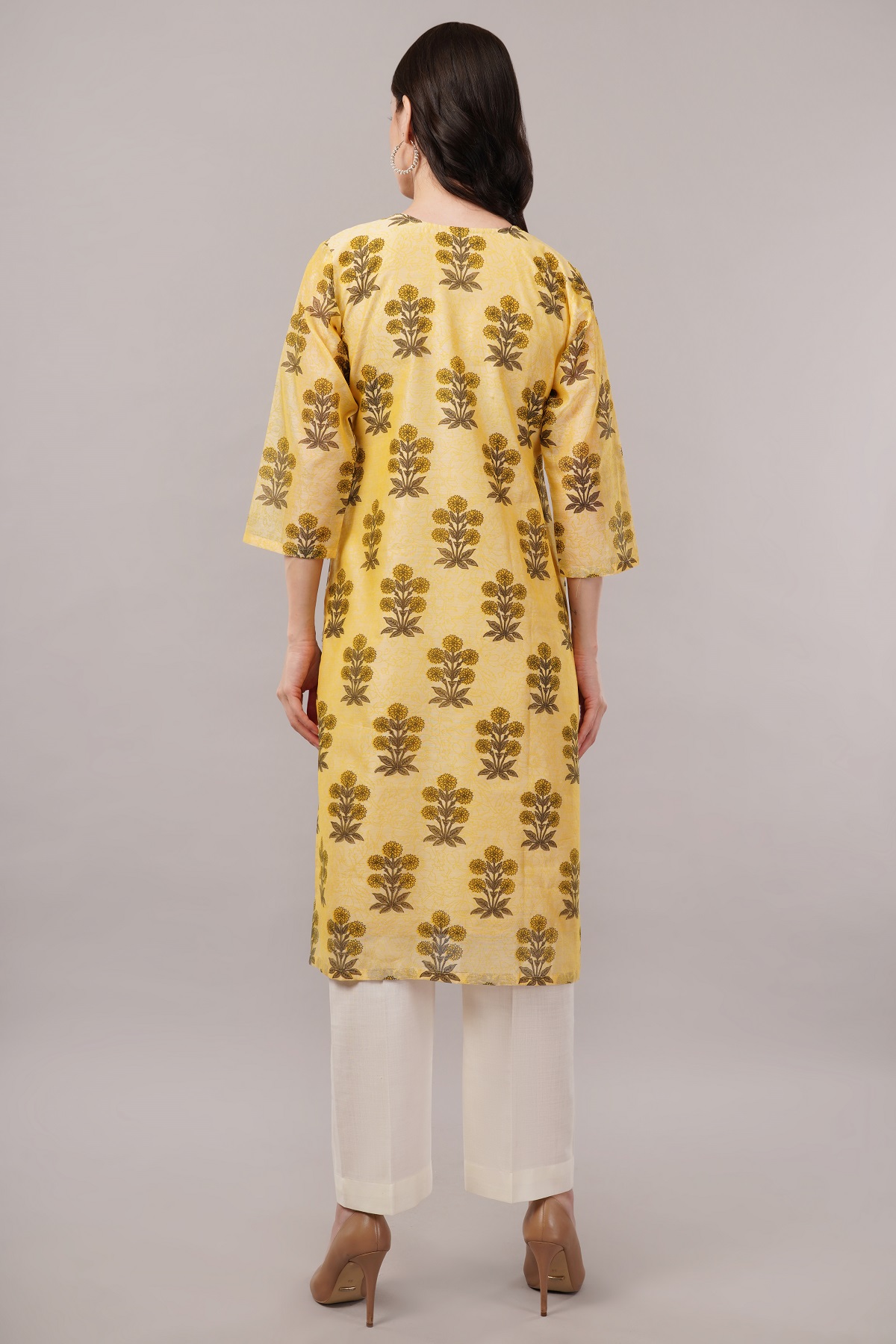Floral Print Chanderi Kurta, 3/4 Sleeve, Yellow