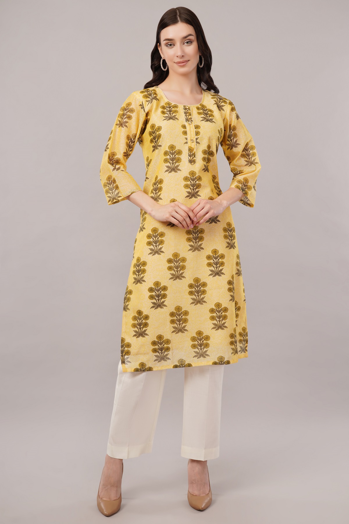 Floral Print Chanderi Kurta, 3/4 Sleeve, Yellow