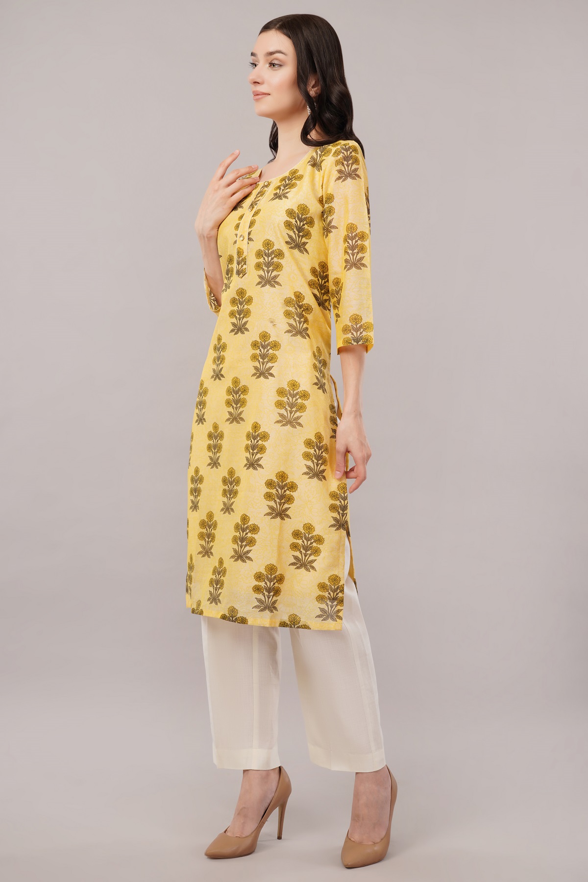 Floral Print Chanderi Kurta, 3/4 Sleeve, Yellow