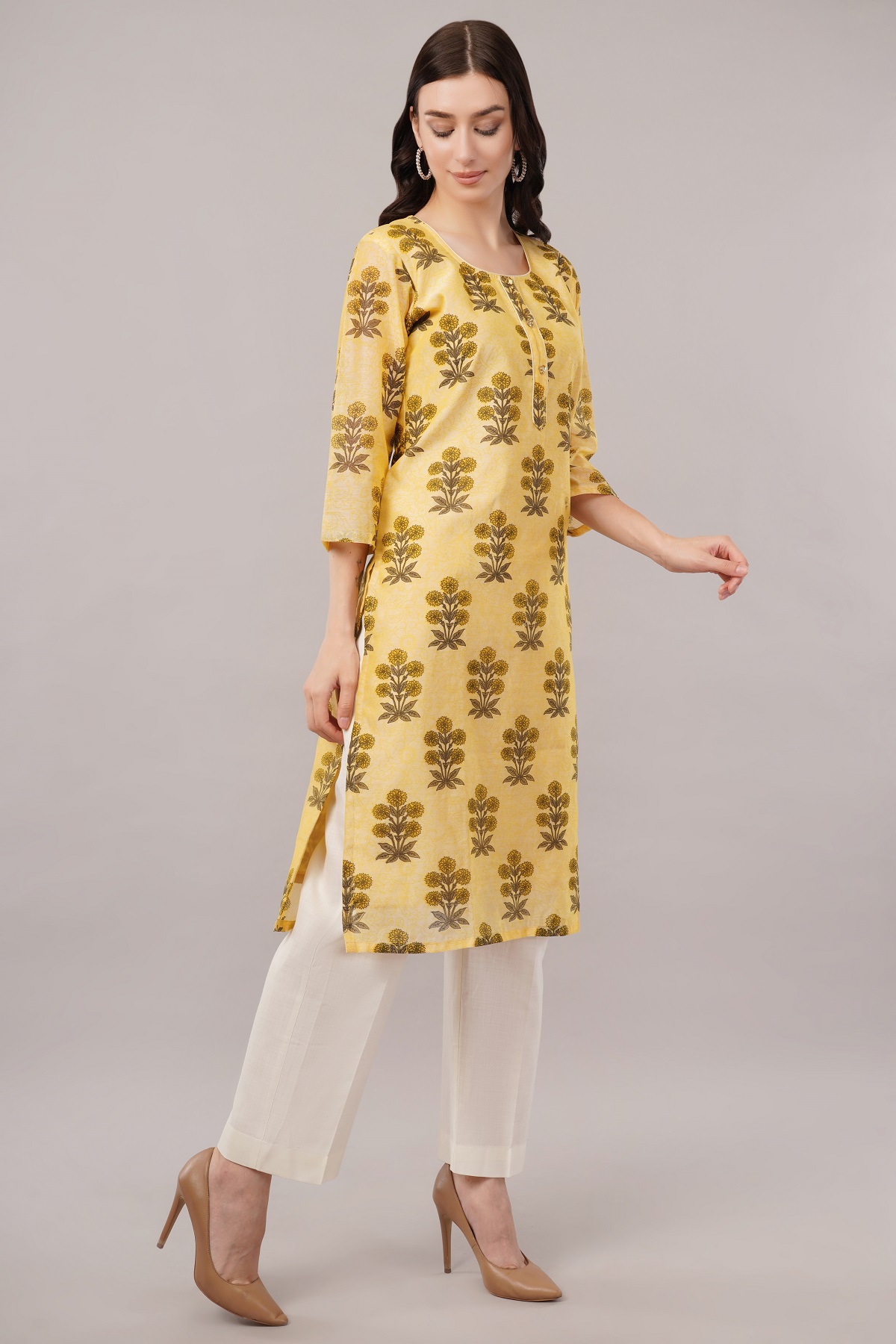 Floral Print Chanderi Kurta, 3/4 Sleeve, Yellow