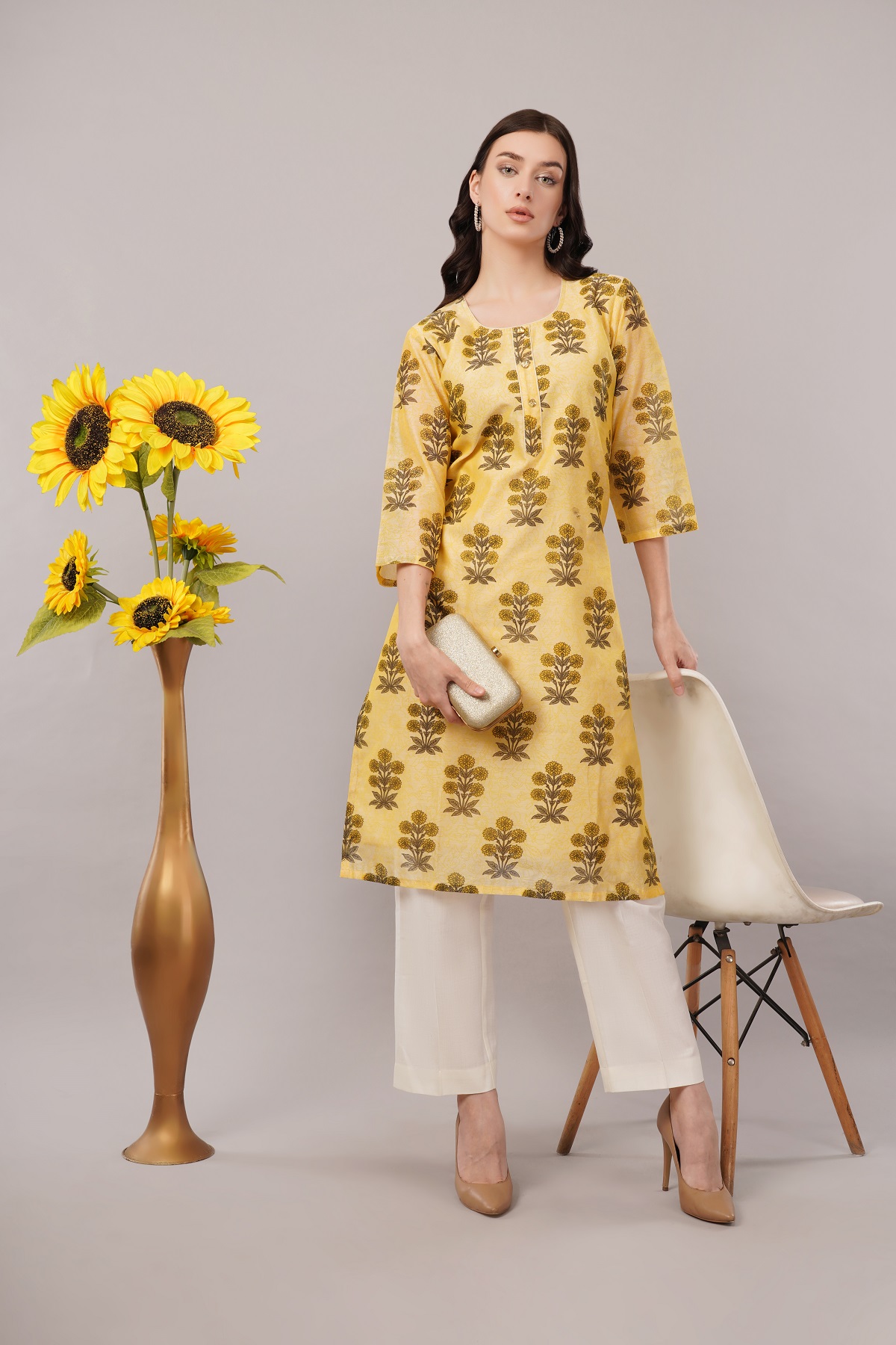 Floral Print Chanderi Kurta, 3/4 Sleeve, Yellow