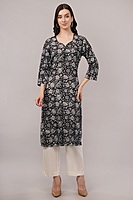 Elegant Floral Cotton Kurta, 3/4 Sleeve, Black and White