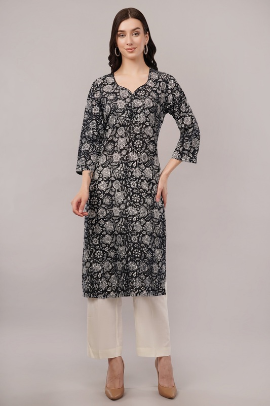 Elegant Floral Cotton Kurta, 3/4 Sleeve, Black and White