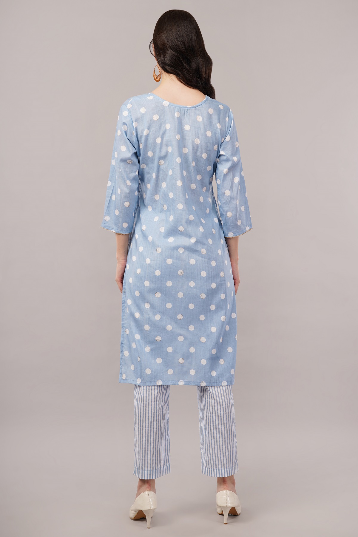 Polka Dot Cotton Salwar Suit Set with Striped Palazzo, 3/4 sleeves, Light Blue and White