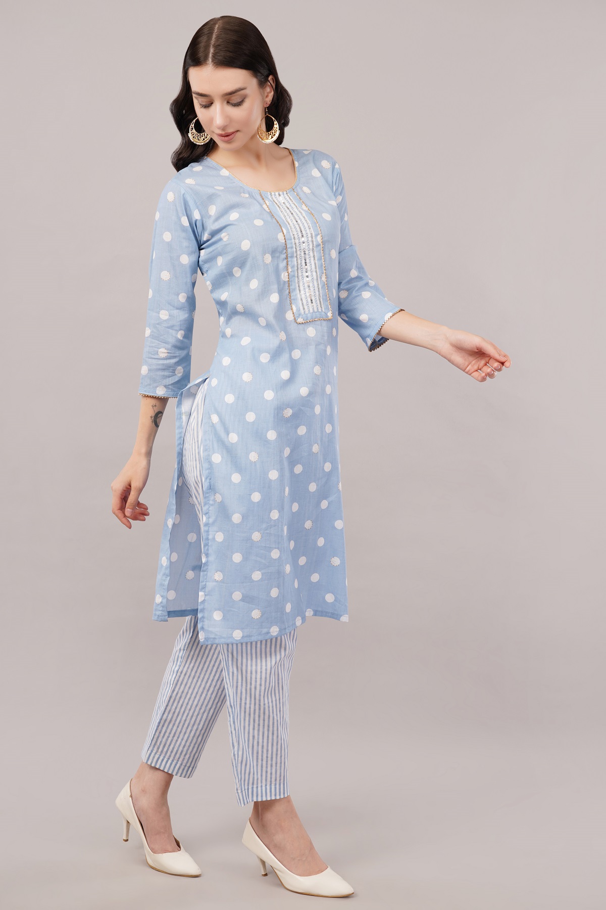 Polka Dot Cotton Salwar Suit Set with Striped Palazzo, 3/4 sleeves, Light Blue and White