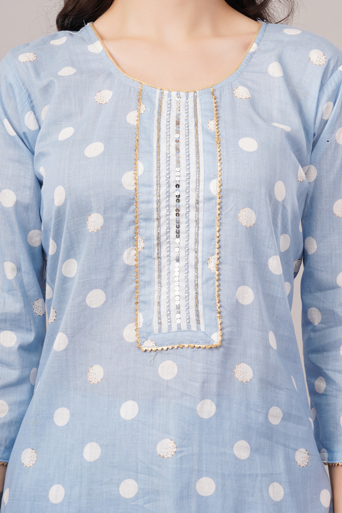 Polka Dot Cotton Salwar Suit Set with Striped Palazzo, 3/4 sleeves, Light Blue and White
