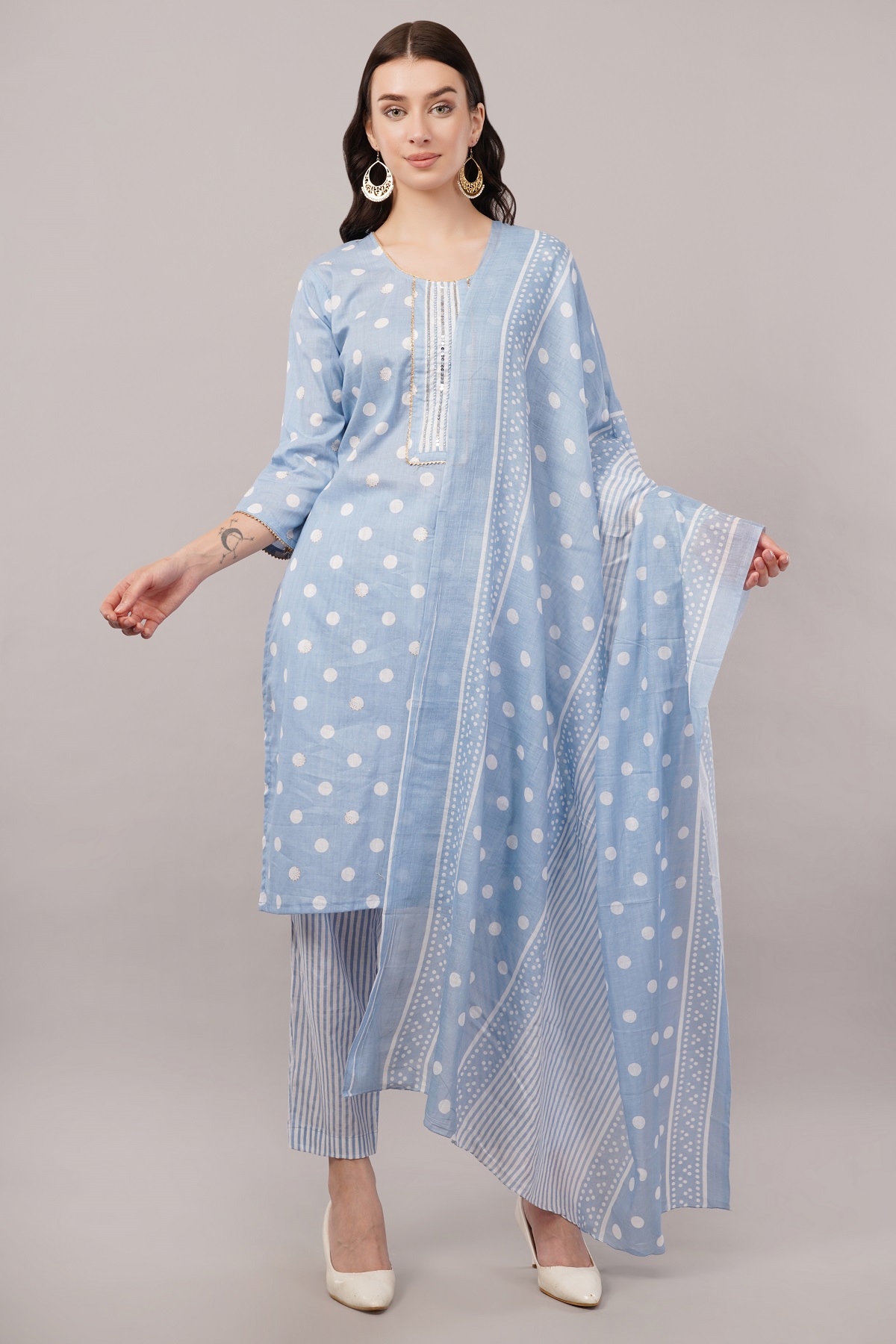 Polka Dot Cotton Salwar Suit Set with Striped Palazzo, 3/4 sleeves, Light Blue and White