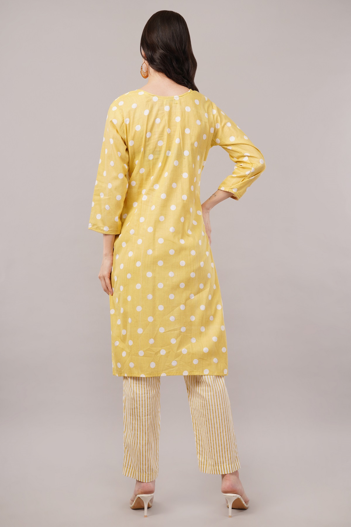 Cotton Polka Dot Salwar Suit Set, Yellow and White, 3/4 Sleeves, Embellished Yoke