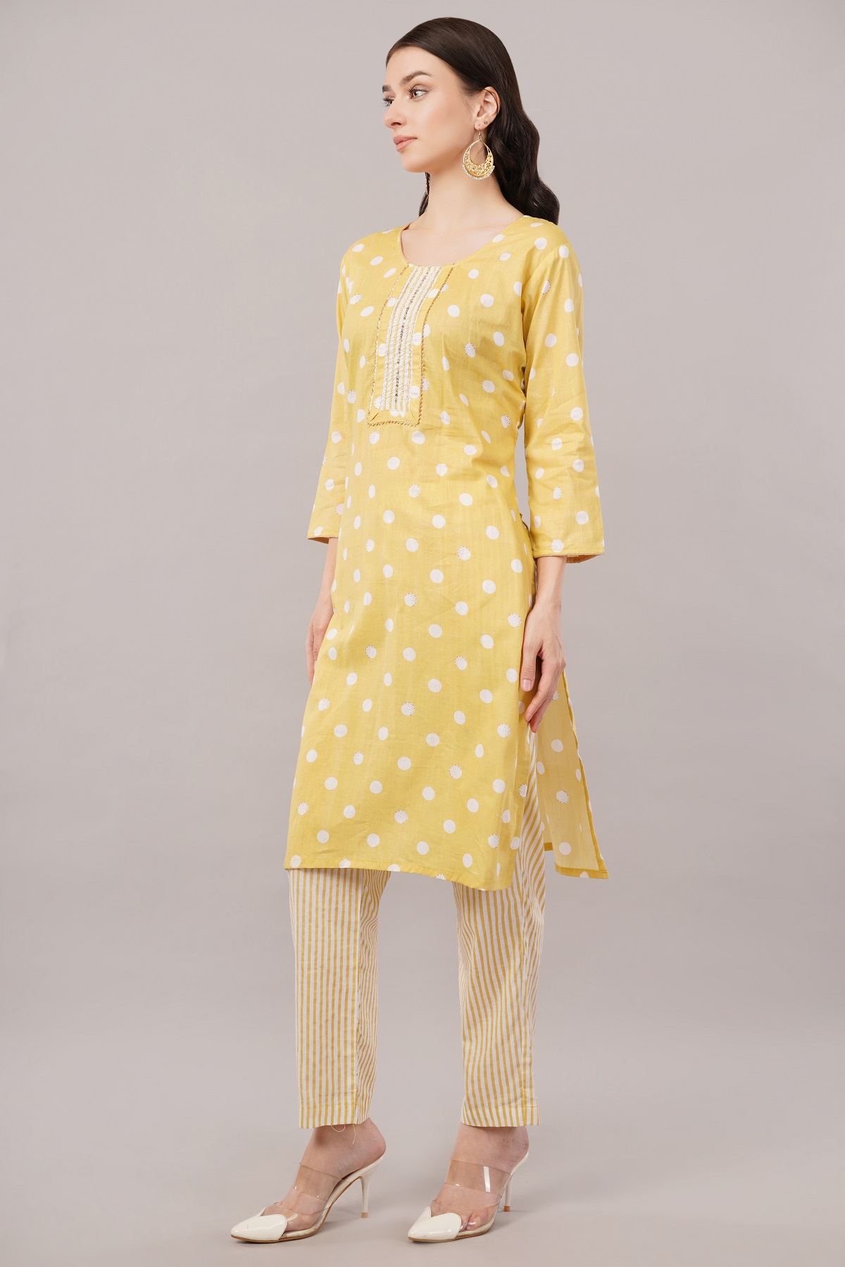 Cotton Polka Dot Salwar Suit Set, Yellow and White, 3/4 Sleeves, Embellished Yoke