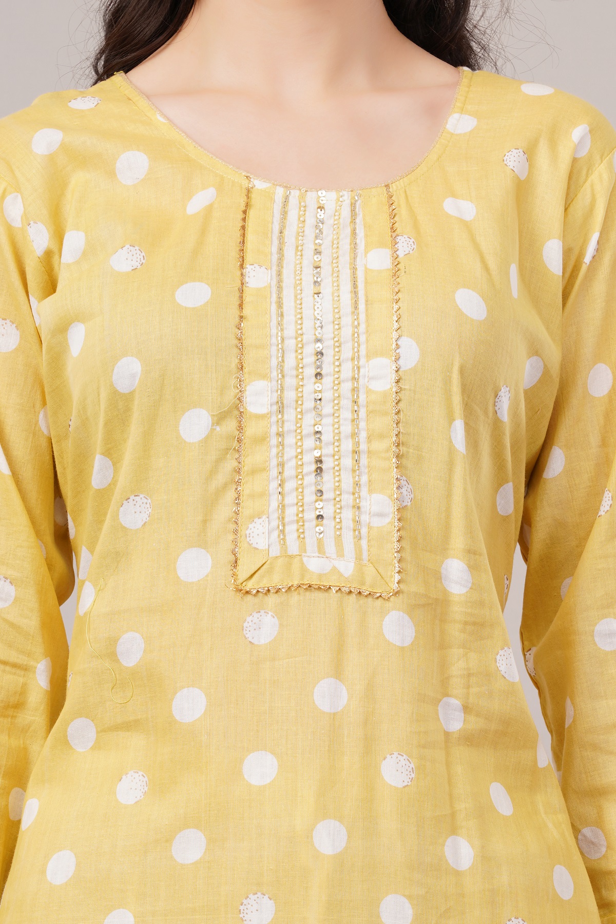 Cotton Polka Dot Salwar Suit Set, Yellow and White, 3/4 Sleeves, Embellished Yoke