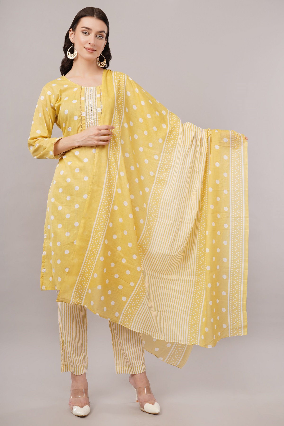 Cotton Polka Dot Salwar Suit Set, Yellow and White, 3/4 Sleeves, Embellished Yoke