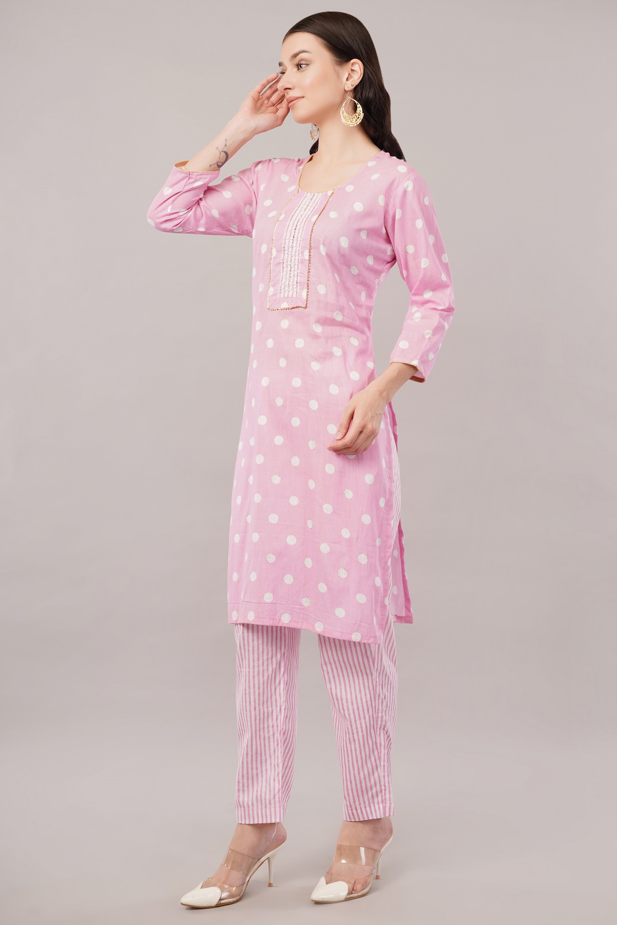 Pink Polka Dot Cotton Salwar Suit Set, 3/4 Sleeves, Striped Pants with Dupatta
