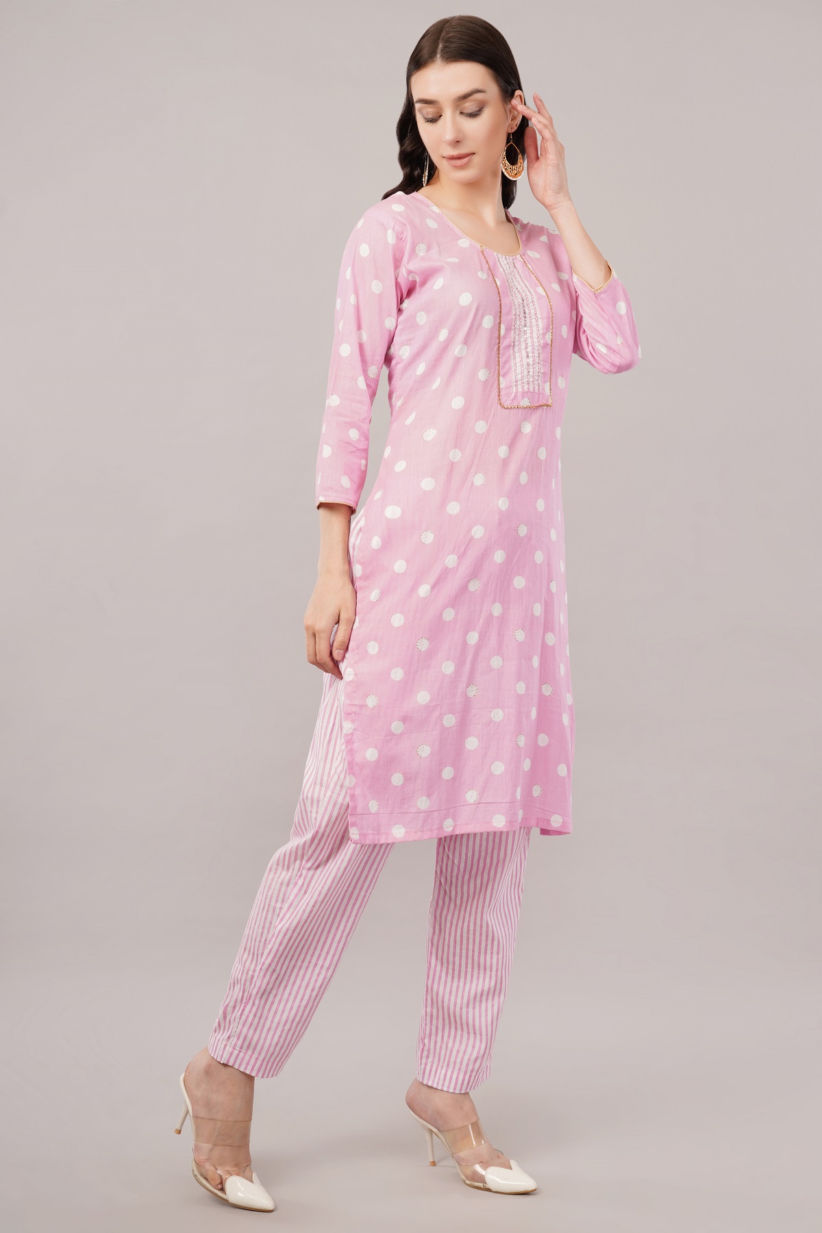 Pink Polka Dot Cotton Salwar Suit Set, 3/4 Sleeves, Striped Pants with Dupatta
