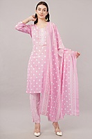 Pink Polka Dot Cotton Salwar Suit Set, 3/4 Sleeves, Striped Pants with Dupatta