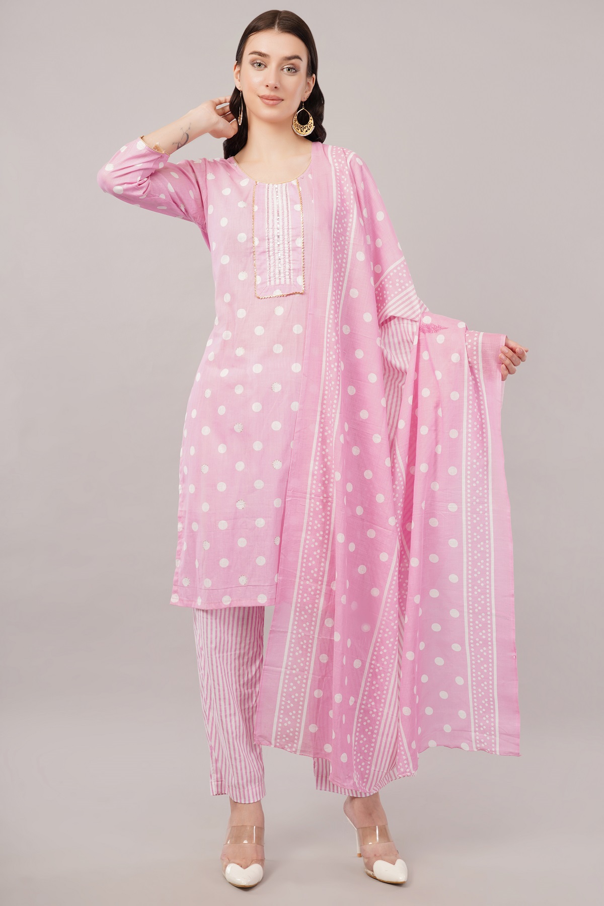 Pink Polka Dot Cotton Salwar Suit Set, 3/4 Sleeves, Striped Pants with Dupatta