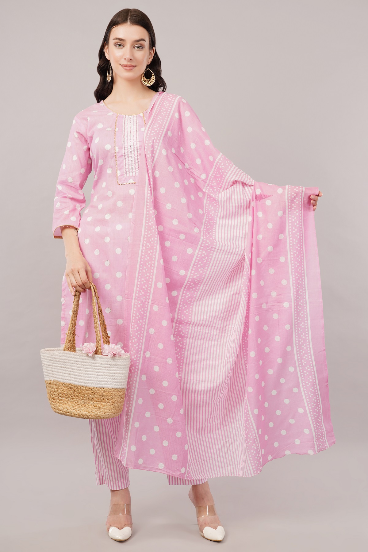 Pink Polka Dot Cotton Salwar Suit Set, 3/4 Sleeves, Striped Pants with Dupatta
