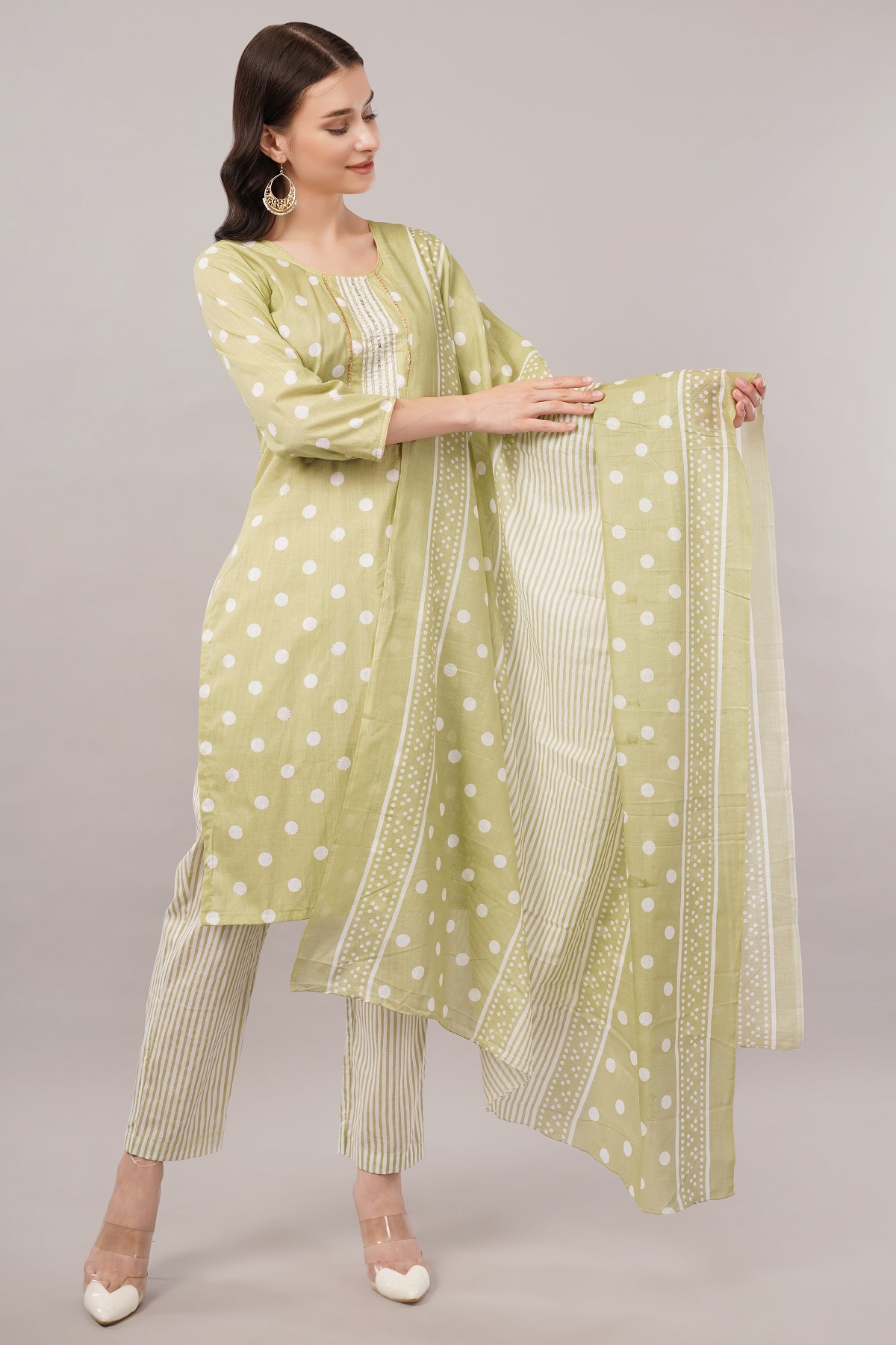 Cotton Polka Dot Salwar Suit Set, 3/4 Sleeves with Striped Pants and Dupatta, Light Green
