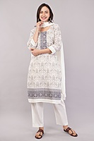 Traditional Printed Salwar Suit Set with Dupatta, White and Grey, 3/4 Sleeve Kurta with Pants