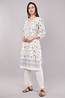 Cotton Salwar Suit Set, Printed Leaf Pattern with Embroidery, White Dupatta, Full Sleeves