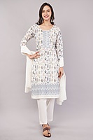 Cotton Salwar Suit Set, Printed Leaf Pattern with Embroidery, White Dupatta, Full Sleeves