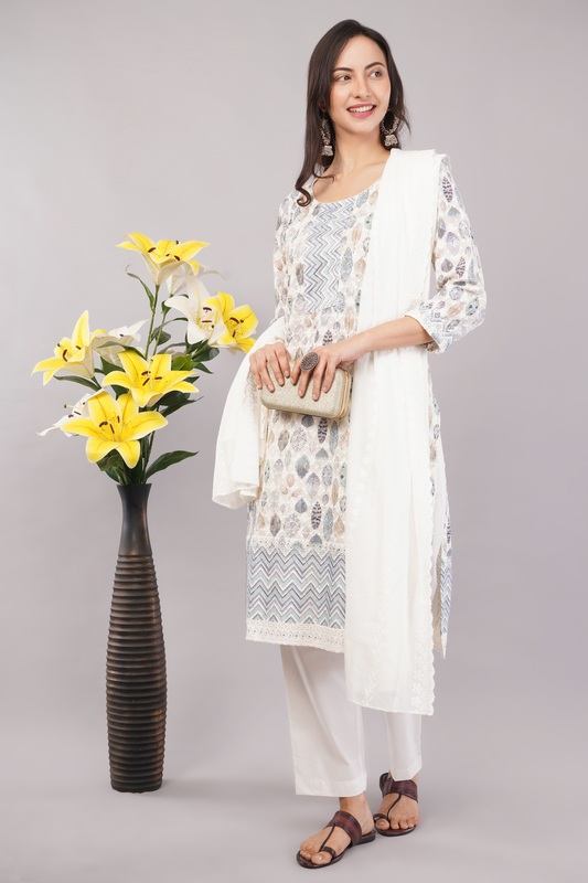 Cotton Salwar Suit Set, Printed Leaf Pattern with Embroidery, White Dupatta, Full Sleeves