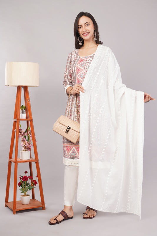 Traditional Printed and Embroidered Cotton Salwar Suit Set, White Dupatta with Pink Floral Pattern, 3/4 Sleeve Traditional Printed and Embroidered Cotton Salwar Suit Set, White Dupatta with Pink Floral Pattern, 3/4 Sleeve