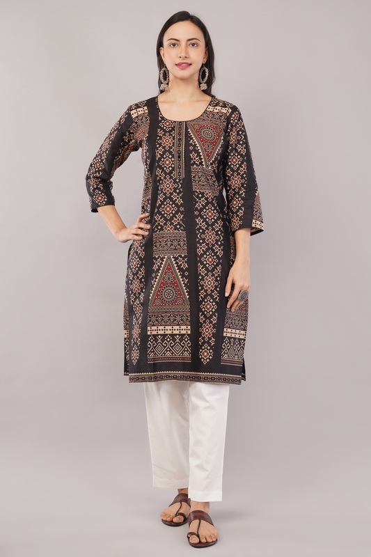 Women's Cotton Kurta, Traditional Geometric Print, 3/4 Sleeves, Black and Peach Women's Cotton Kurta, Traditional Geometric Print, 3/4 Sleeves, Black and Peach