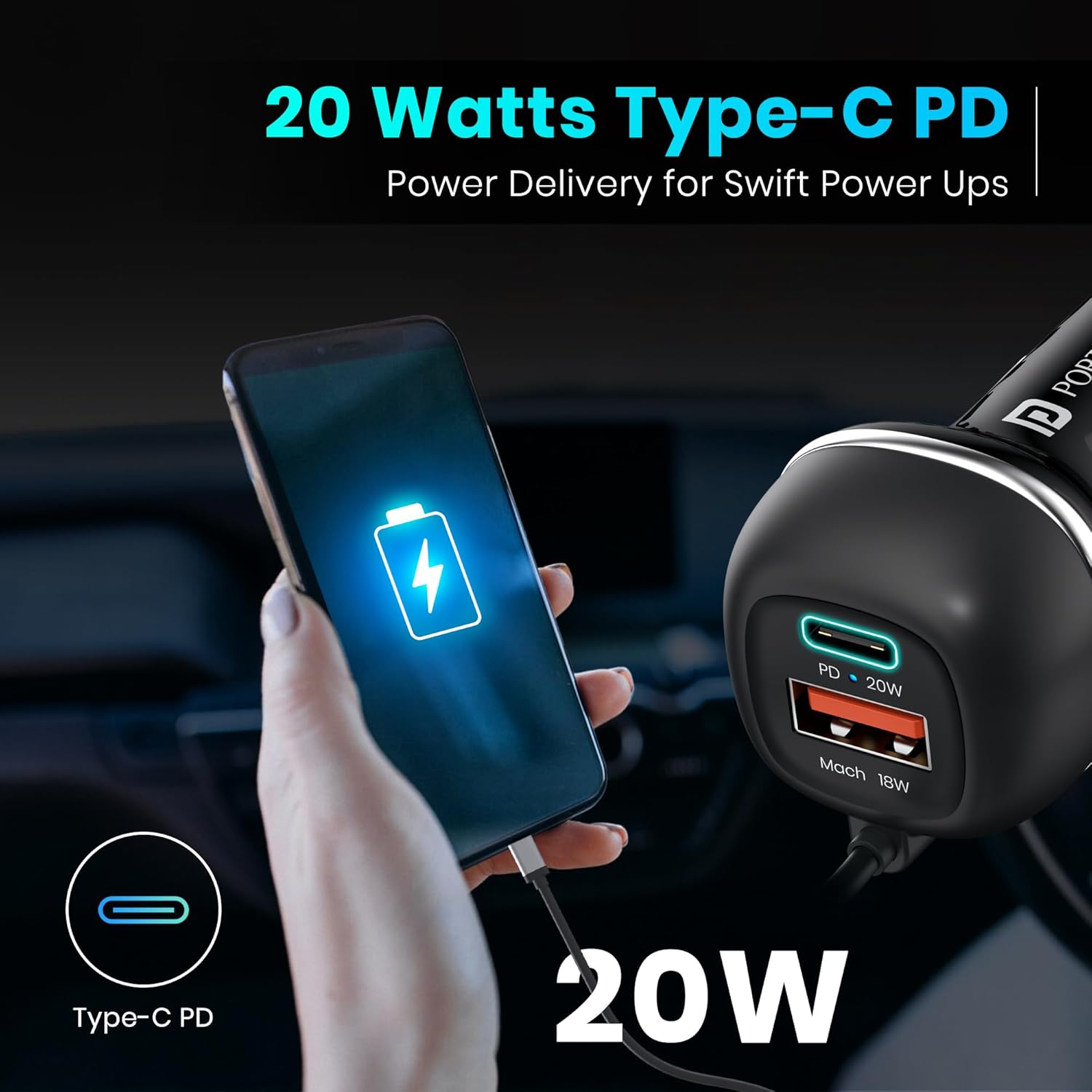 Portronics 71W Car Power 1C Triple Output Fast Car Charger with 33W Type-C Cable, 20W Type-C PD, 18W USB Port, Fast Charging Adapter Compatible with Cars for iPhone & Android Smartphone (Black) Portronics 71W Car Power 1C Triple Output Fast Car Charger with 33W Type-C Cable, 20W Type-C PD, 18W USB Port, Fast Charging Adapter Compatible with Cars for iPhone & Android Smartphone (Black)