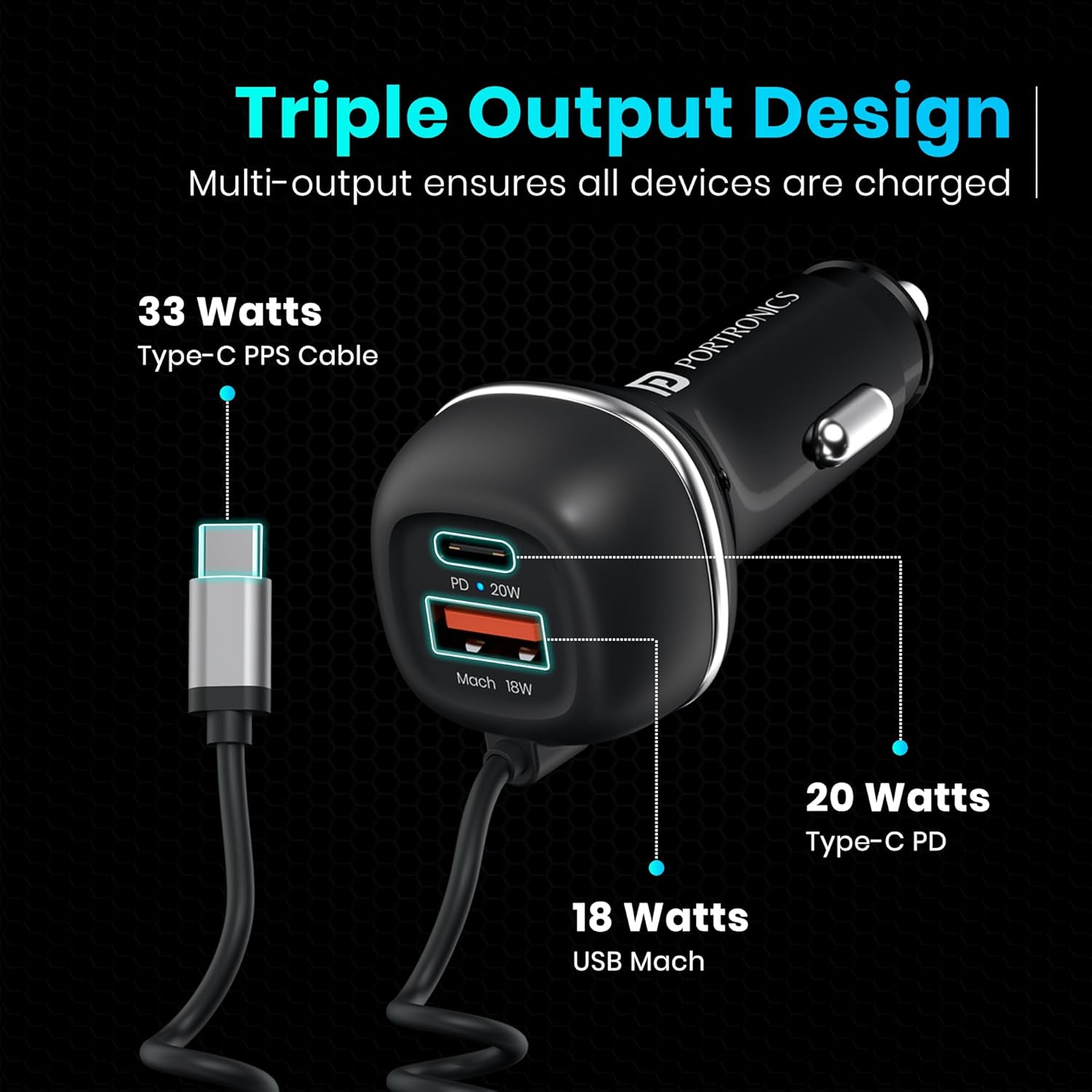 Portronics 71W Car Power 1C Triple Output Fast Car Charger with 33W Type-C Cable, 20W Type-C PD, 18W USB Port, Fast Charging Adapter Compatible with Cars for iPhone & Android Smartphone (Black) Portronics 71W Car Power 1C Triple Output Fast Car Charger with 33W Type-C Cable, 20W Type-C PD, 18W USB Port, Fast Charging Adapter Compatible with Cars for iPhone & Android Smartphone (Black)