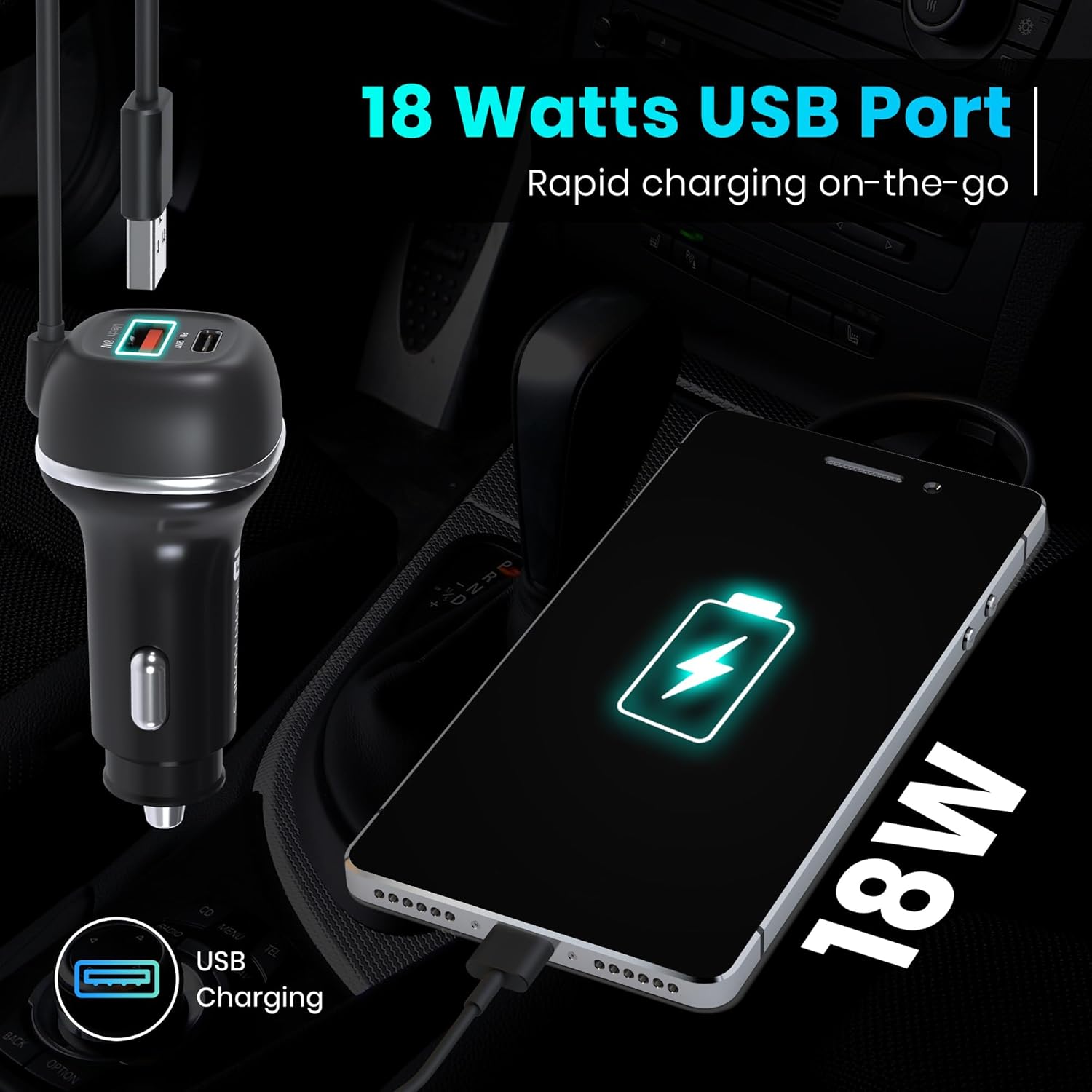 Portronics 71W Car Power 1C Triple Output Fast Car Charger with 33W Type-C Cable, 20W Type-C PD, 18W USB Port, Fast Charging Adapter Compatible with Cars for iPhone & Android Smartphone (Black) Portronics 71W Car Power 1C Triple Output Fast Car Charger with 33W Type-C Cable, 20W Type-C PD, 18W USB Port, Fast Charging Adapter Compatible with Cars for iPhone & Android Smartphone (Black)